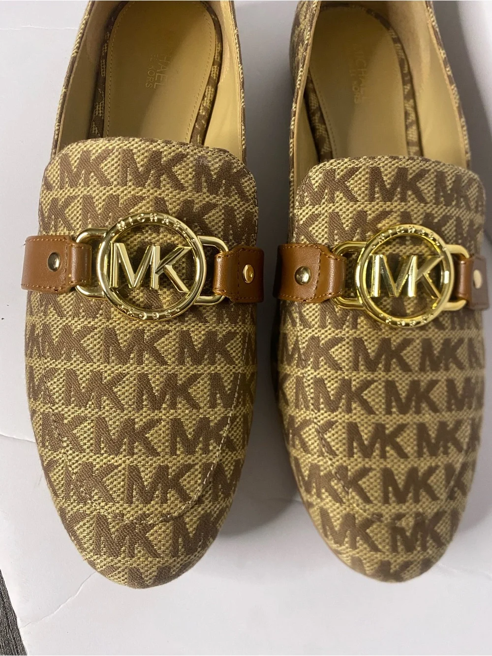 Michael Kors Brown Logo Canvas Slip-On Loafers with Gold MK Accent